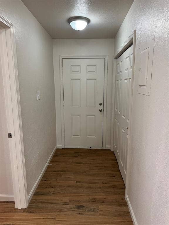 1104-1106 Mulkey Lane, Denton, TX 76209 Entryway featuring wood-finish flooring, a flush-mount ceiling light, and a paneled door