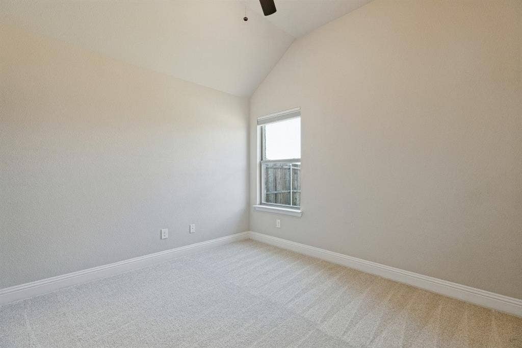 Vaulted ceiling, single window, wall-to-wall carpeting, ceiling fan