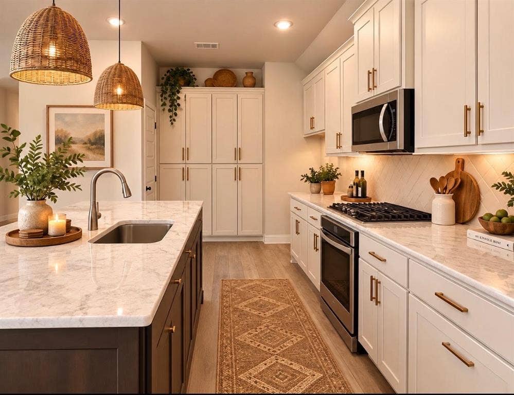 3806 Chicory Court, Melissa, TX 75454 This modern, gourmet kitchen features elegant white shaker cabinetry paired with premium stainless steel appliances and a stylish herringbone tile backsplash. The heart of the room is a spacious kitchen island that includes a convenient built-in sink, all complemented by durable, high-end luxury vinyl plank (LVP) flooring throughout the space. This virtually modified & staged to show homey potential.