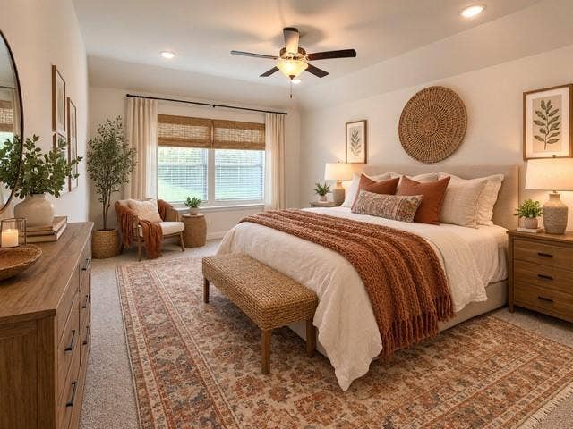 3806 Chicory Court, Melissa, TX 75454 This spacious primary bedroom features a warm, neutral color palette throughout, complemented by plush, high-quality carpeting and modern recessed lighting. The room is equipped with a ceiling-mounted fan for climate comfort and features expansive windows outfitted with custom blinds that allow for an abundance of natural light. The well-proportioned layout provides generous wall space, offering ideal versatility for furniture placement and interior decor arrangements. Virtually staged.
