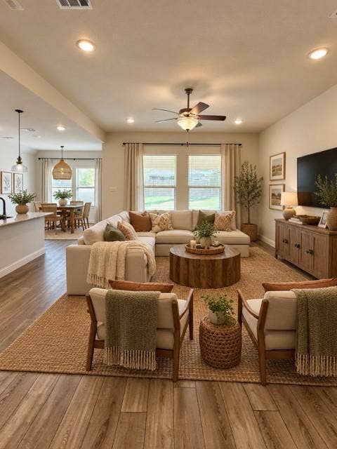 3806 Chicory Court, Melissa, TX 75454 This bright and expansive open-concept living area features a versatile layout that seamlessly connects the main living spaces, highlighted by large windows that provide an inviting, panoramic view of the spacious back yard. Virtually staged.