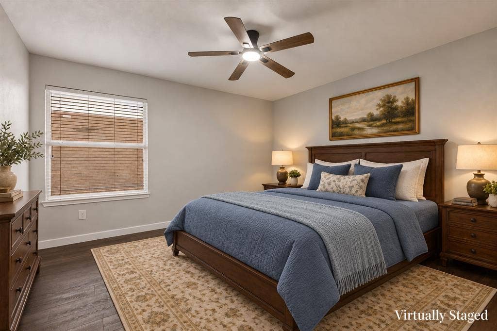 4215 Maidstone Drive, Garland, TX 75043 Neutral wall finishes, wood-finish flooring, and a ceiling fan with integrated lighting