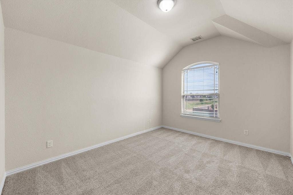 Arched window with blinds, sloped ceiling, light-toned carpeting, and a flush mount ceiling light