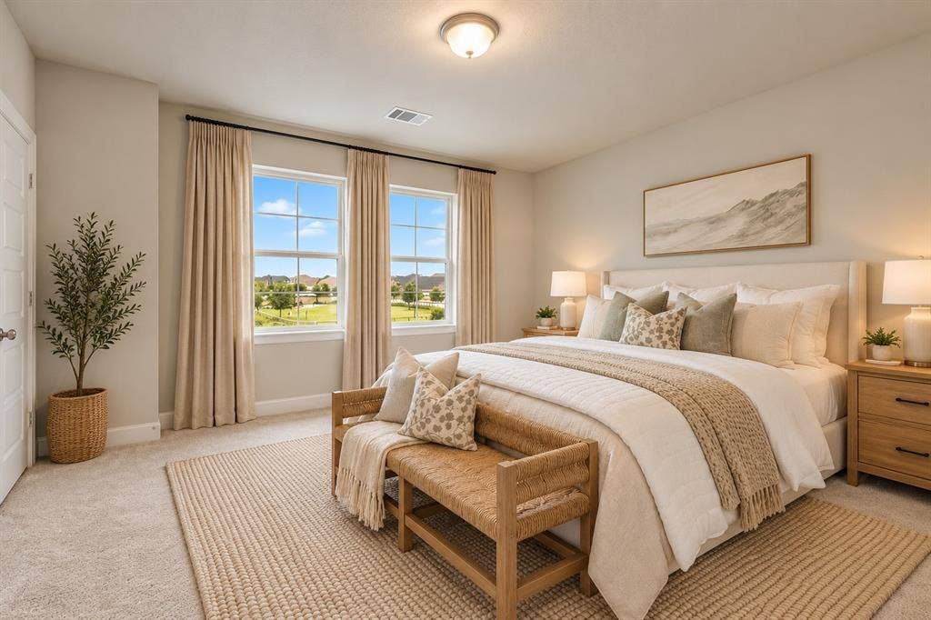 Virtually staged upstairs bedroom of 1302 20th St, Argyle, TX in Harvest by Hillwood