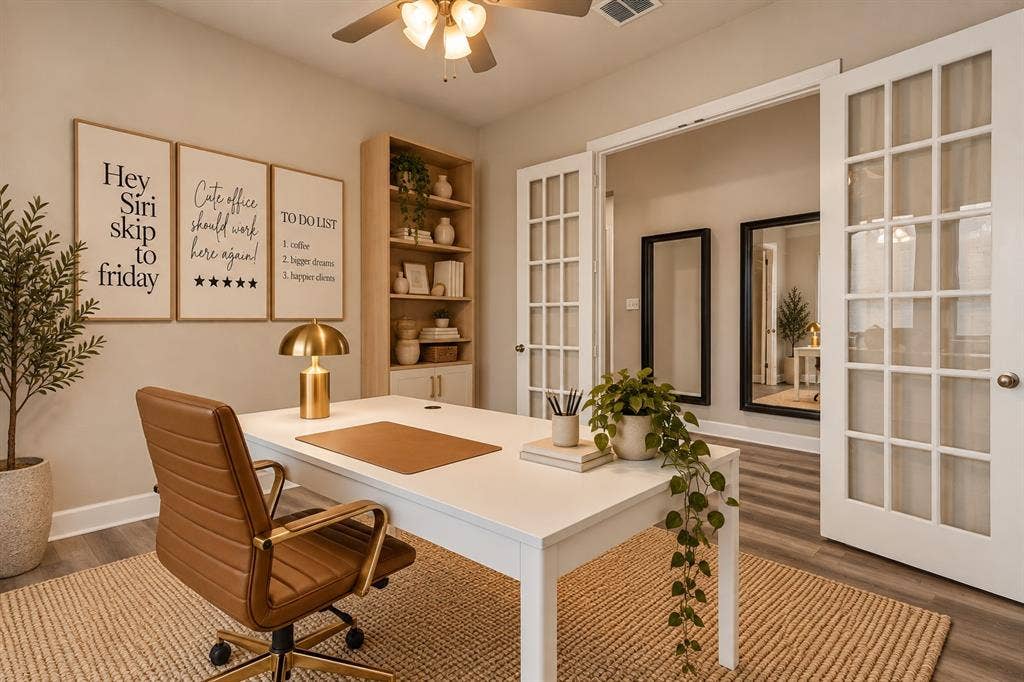 Dedicated downstairs office with French doors of 1302 20th St, Argyle, TX in Harvest by Hillwood. Virtually staged