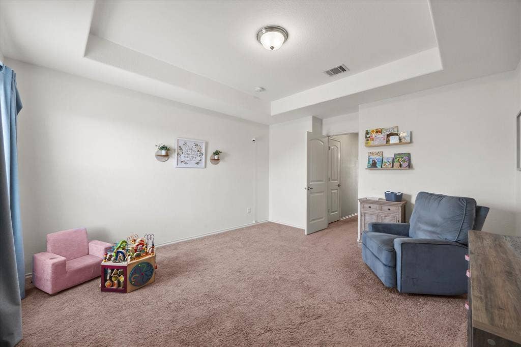 1225 Honeywood Lane, Royse City, TX 75189 Tray ceiling, flush-mount lighting, wall-mounted shelving, six-panel interior doors, and carpet flooring