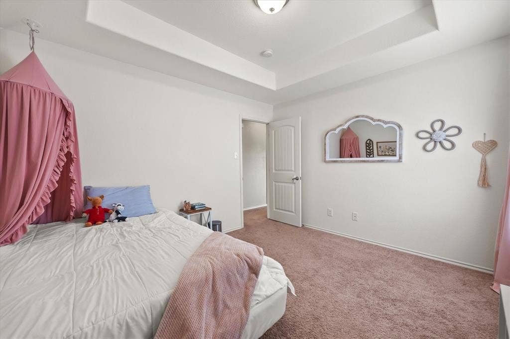 1225 Honeywood Lane, Royse City, TX 75189 Tray ceiling, neutral wall paint, white trim, paneled door, and carpeting
