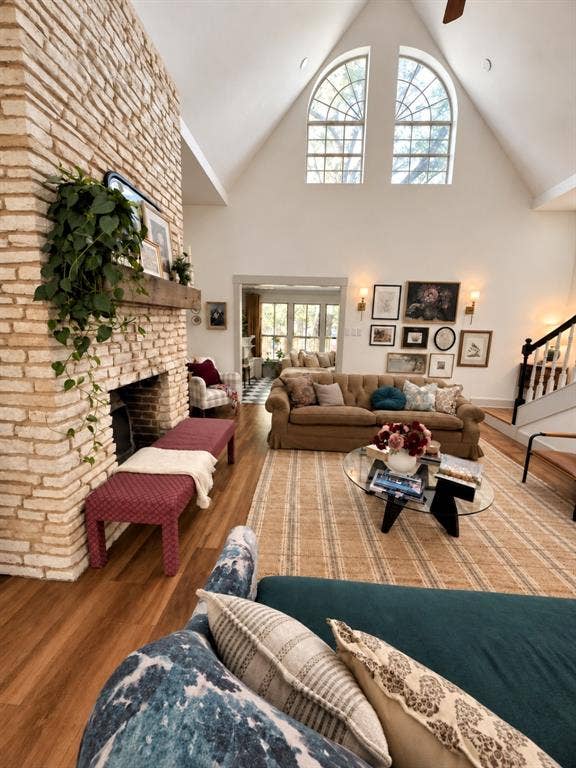 105 Mariah Drive, Weatherford, TX 76087 Living room with cathedral ceiling and floor to ceiling fireplace.