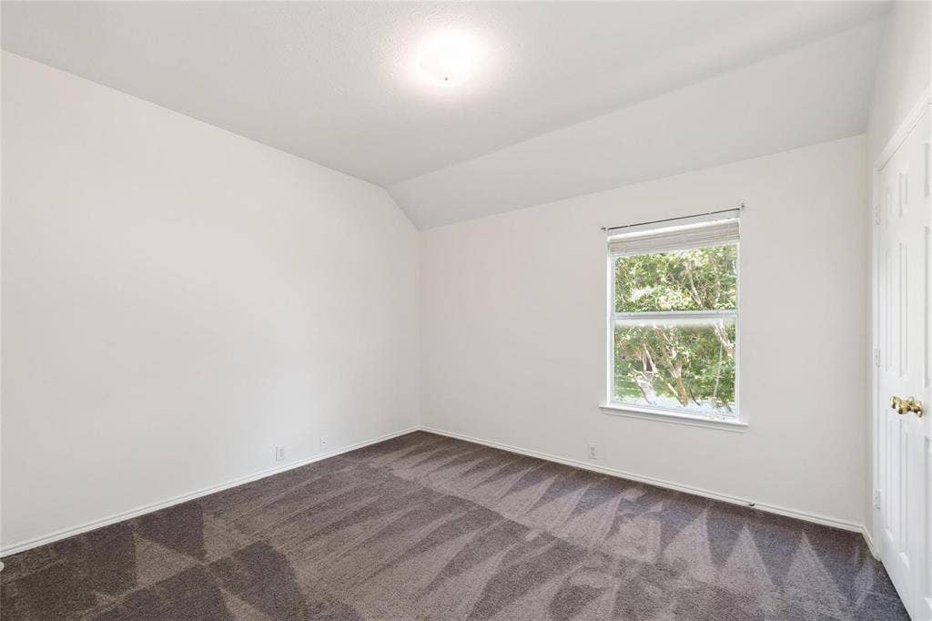 11443 Waterford Lane, Frisco, TX 75035 Vaulted ceiling, neutral wall paint, carpeted flooring, single window, and a paneled door