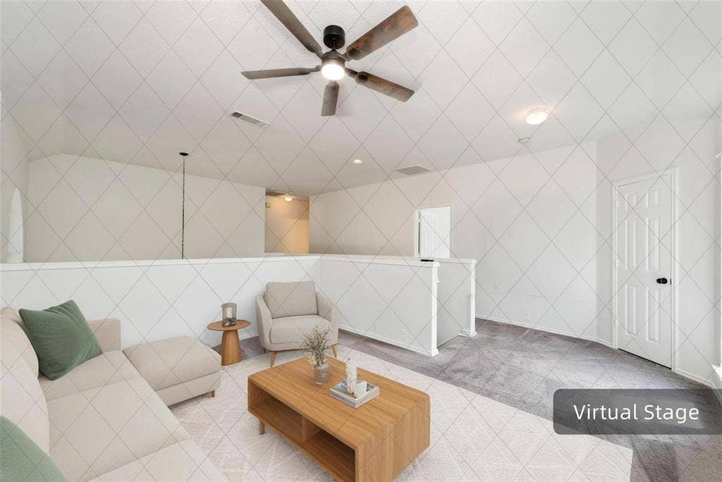 11443 Waterford Lane, Frisco, TX 75035 Recessed lighting, ceiling fan, white paneled door with black hardware, and carpeted flooring