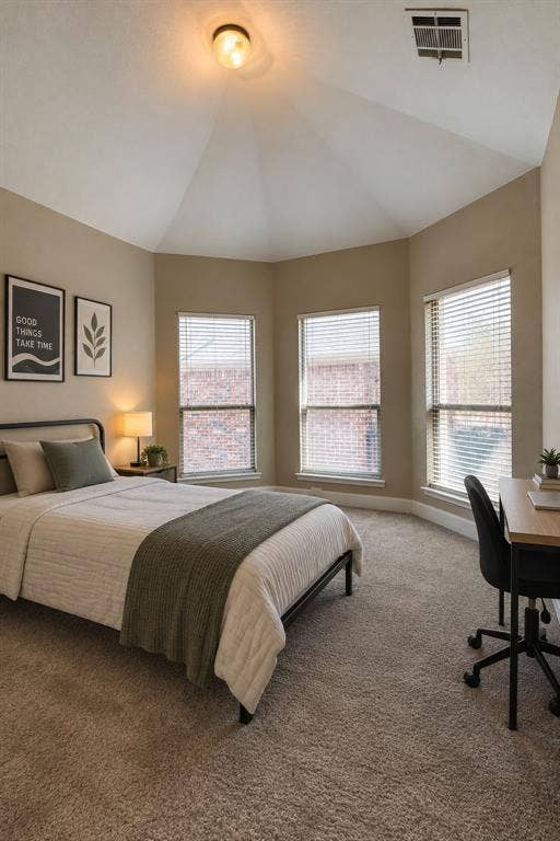 6854 Cortona Lane, Frisco, TX 75034 Vaulted ceiling, multiple windows with blinds, wall-to-wall carpeting, and a built-in ceiling light fixture