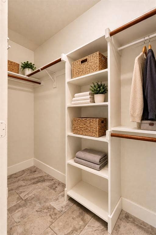 6854 Cortona Lane, Frisco, TX 75034 Built-in closet system featuring white shelving, multiple hanging rods, and tile flooring