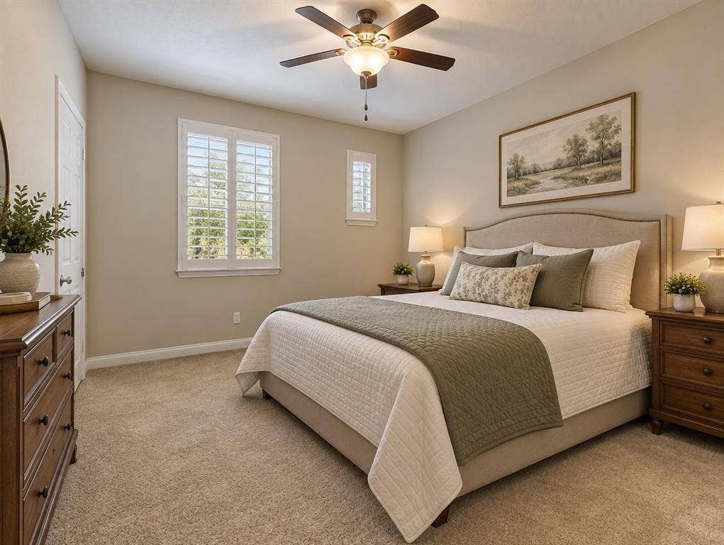 Second upstairs bedroom with shutters and ceiling fan - virtually staged