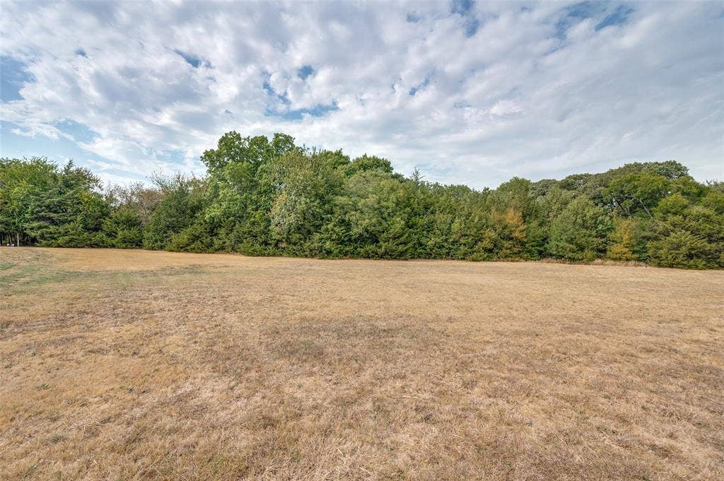 Another view of large grassy area in front part of lot with a beautiful wooded view.