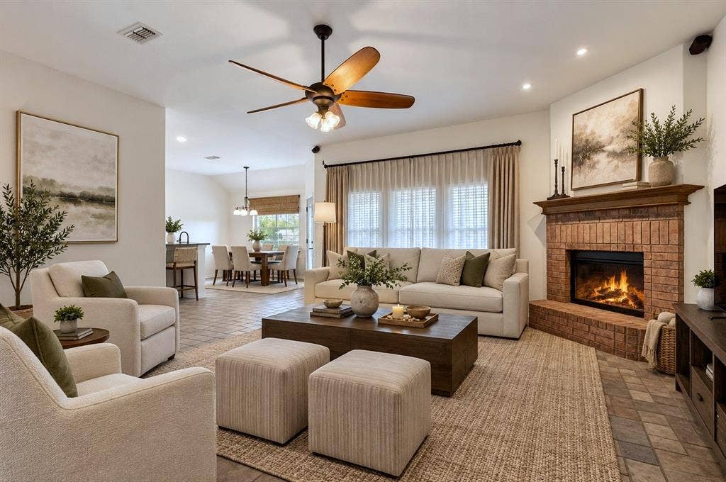 Warm Brick Fireplace Anchors A Light-Filled Living Room
