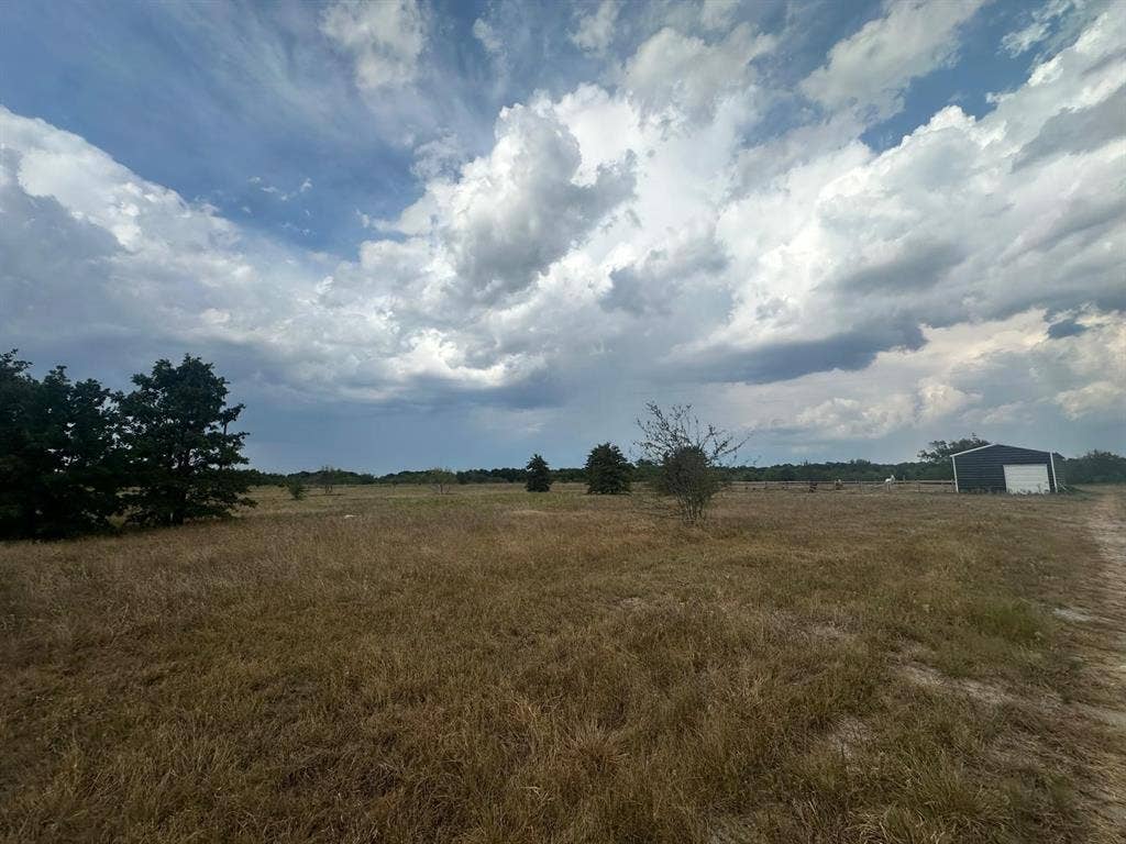 12496 County Road 2148, Kemp, TX 75143 Expansive open field with scattered trees and a metal outbuilding featuring a roll-up door