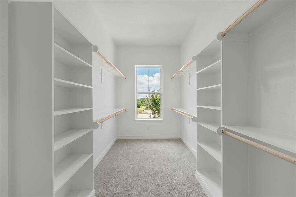 20 N Ritchie Road, Woodway, TX 76712 Walk-in closet with carpet flooring, built-in shelving, and wood-finish hanging rods