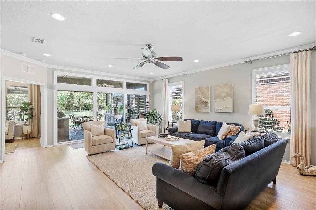 1641 Overwood Drive, Frisco, TX 75036 Spacious open-concept living area showcasing light wood-finish flooring, the study and large patio