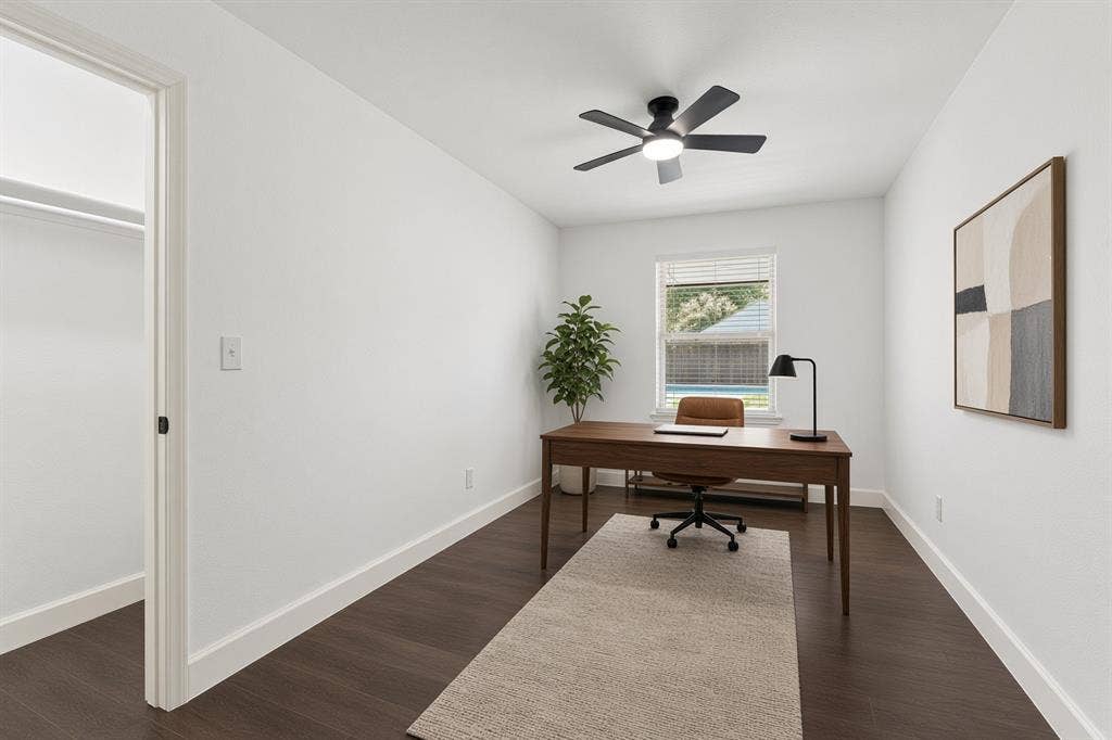 1612 Northcrest Drive, Plano, TX 75075 Room with wood-finish flooring, a ceiling fan with integrated lighting, a window featuring blinds, and a built-in closet