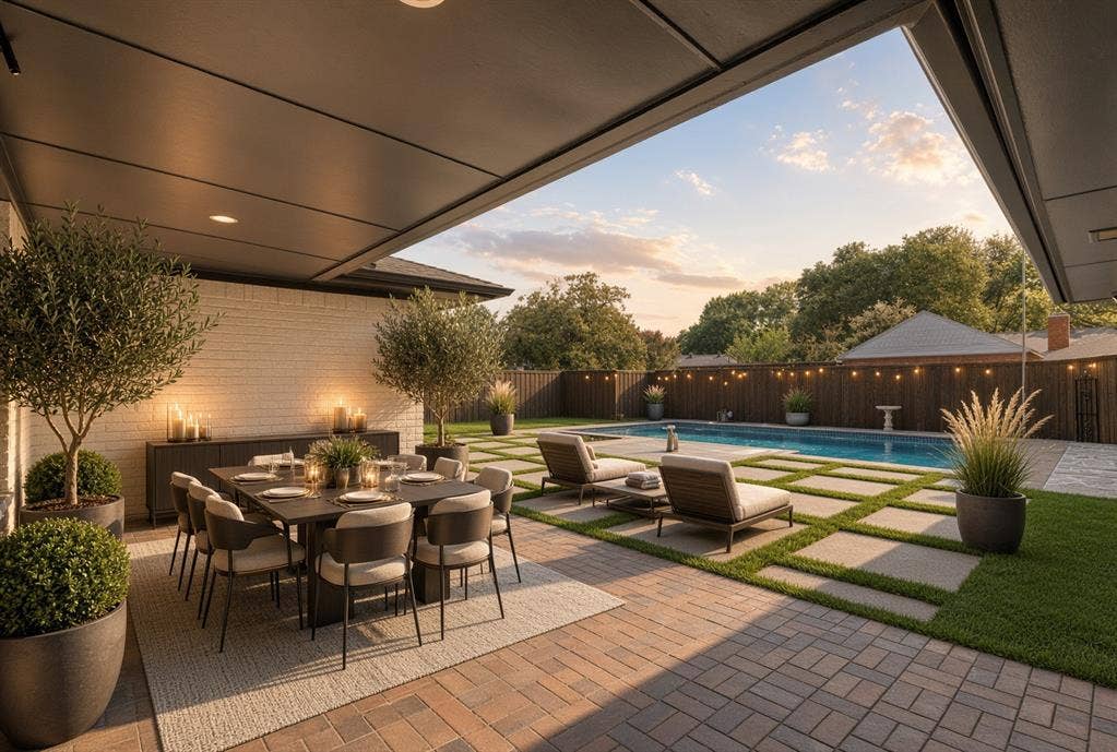 1612 Northcrest Drive, Plano, TX 75075 Expansive outdoor living area featuring a covered patio, brick paver flooring, a swimming pool, and a white brick exterior wall