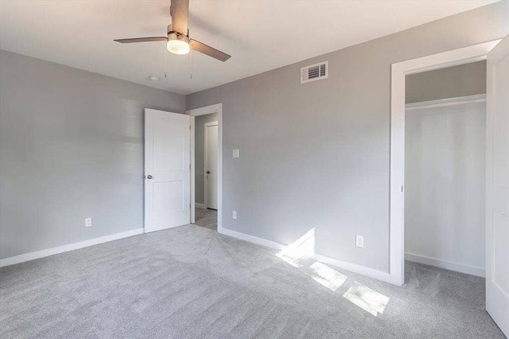 12326 Dandridge Drive, Dallas, TX 75243 Recessed lighting, ceiling fan with integrated light, light gray wall paint, and gray carpet flooring