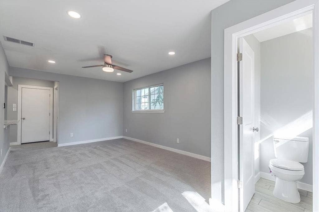 12326 Dandridge Drive, Dallas, TX 75243 Recessed lighting, ceiling fan with integrated light, grey tile flooring, and a window with exterior visibility
