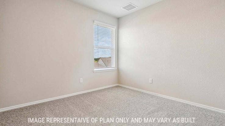 Light-colored wall finishes, window with blinds, and neutral carpet flooring