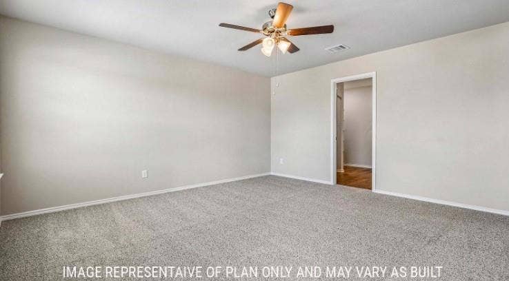 Neutral wall paint, ceiling fan with light fixture, gray carpeting, and white trim
