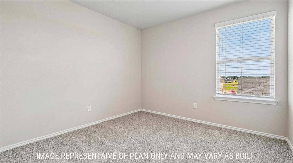 Carpeted room with a single window featuring horizontal blinds