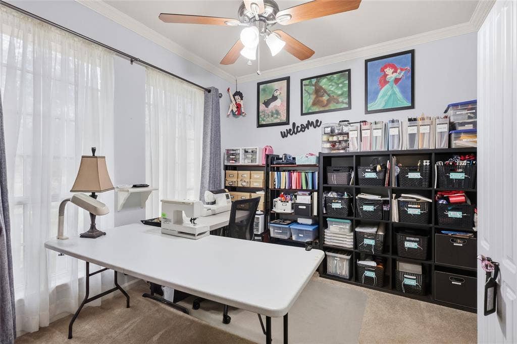 1926 Vintage Drive, Corinth, TX 76210 Recessed ceiling fan with integrated lighting, multiple windows with sheer drapery, light-colored wall paint, and carpeted flooring