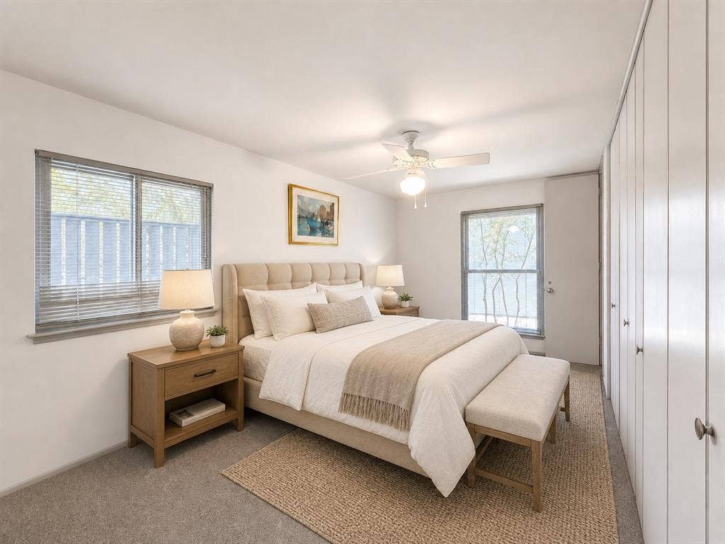 3401 Hanover Lane, Irving, TX 75062 Integrated ceiling fan with light fixture, multiple windows with blinds, wall-to-wall carpeting, and floor-to-ceiling built-in closets