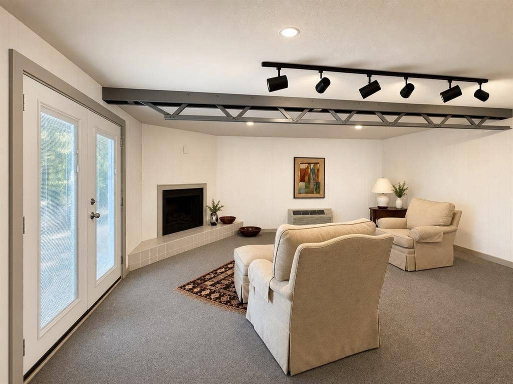 3401 Hanover Lane, Irving, TX 75062 Corner fireplace with tiled hearth, recessed lighting, track lighting, exposed structural beam, and glass-paned double doors
