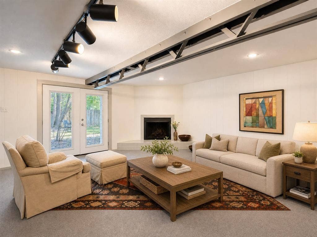 3401 Hanover Lane, Irving, TX 75062 Recessed lighting and track lighting fixtures illuminate the space