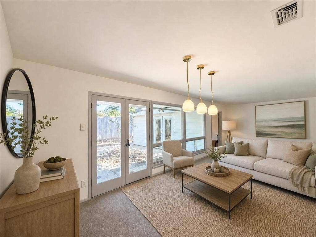 3401 Hanover Lane, Irving, TX 75062 Recessed lighting, triple pendant light fixture, French doors with exterior access, wall-mounted air vent, and carpet flooring
