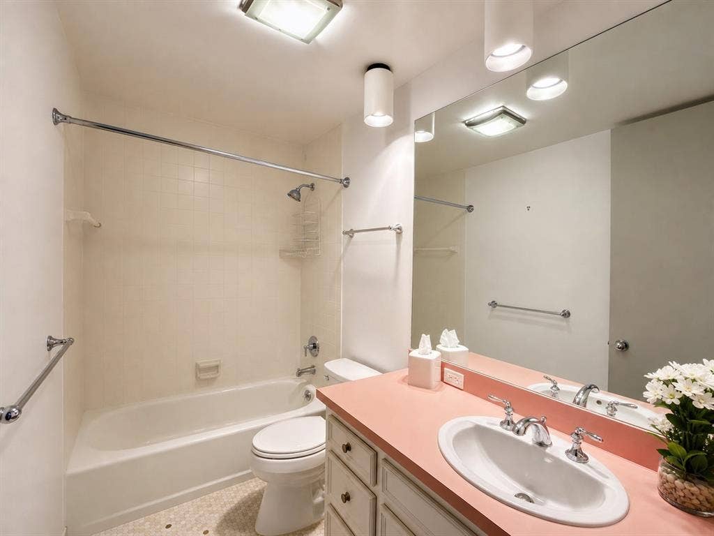 3401 Hanover Lane, Irving, TX 75062 Tub/shower combination with chrome fixtures, vanity with integrated sink, full-width wall mirror, and overhead lighting