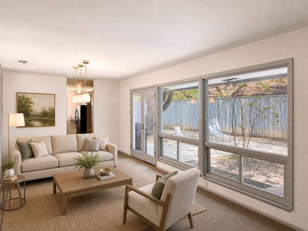 3401 Hanover Lane, Irving, TX 75062 White walls, recessed lighting, and a gold-tone chandelier illuminate the space