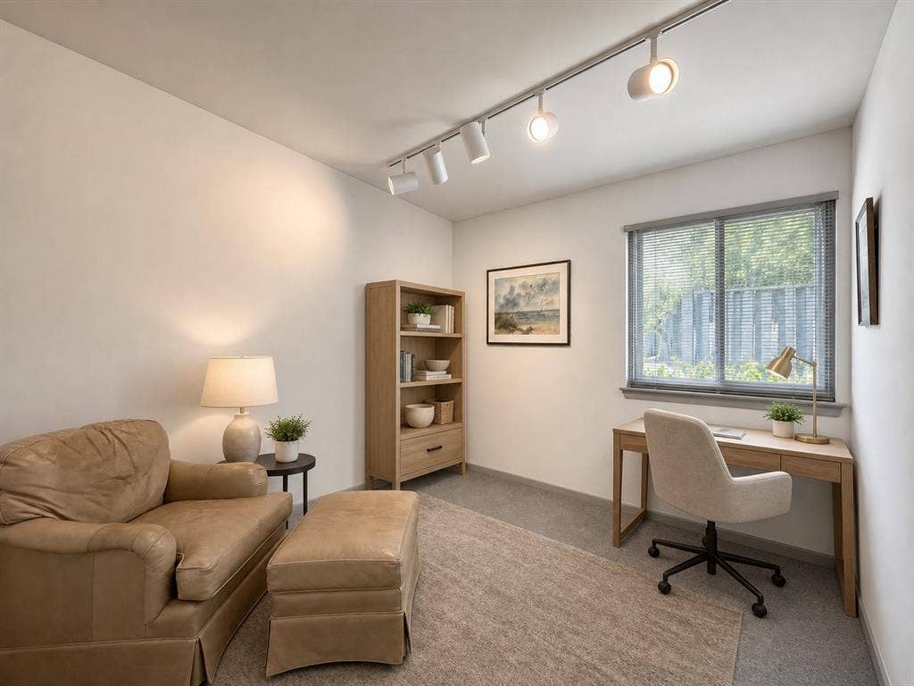 3401 Hanover Lane, Irving, TX 75062 Track lighting with multiple fixtures, window with horizontal blinds, light-toned walls, and carpet flooring