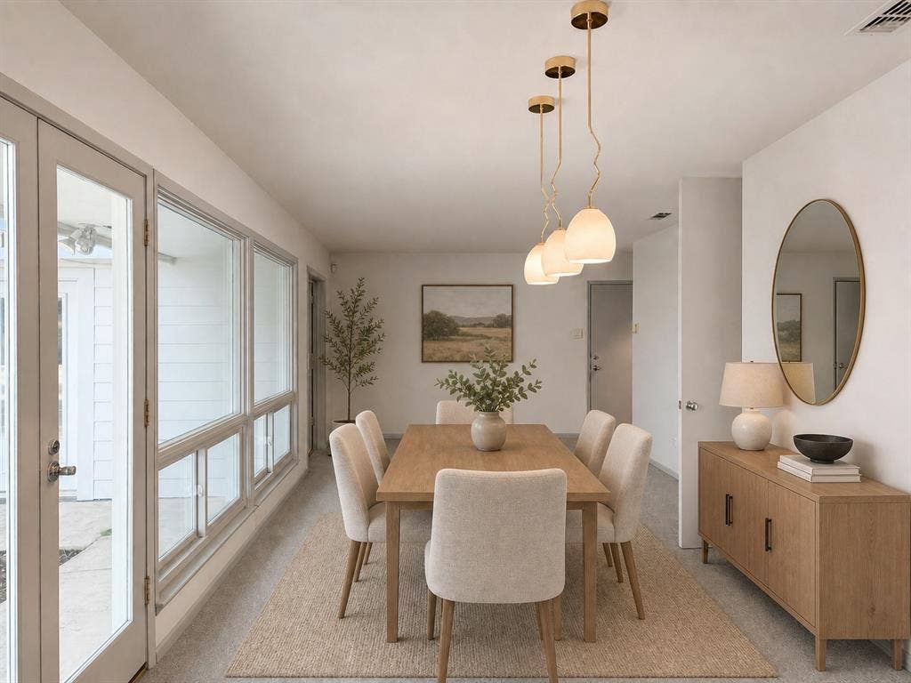 3401 Hanover Lane, Irving, TX 75062 Recessed lighting, wood-finish flooring, full-light French doors, and an elongated window bank