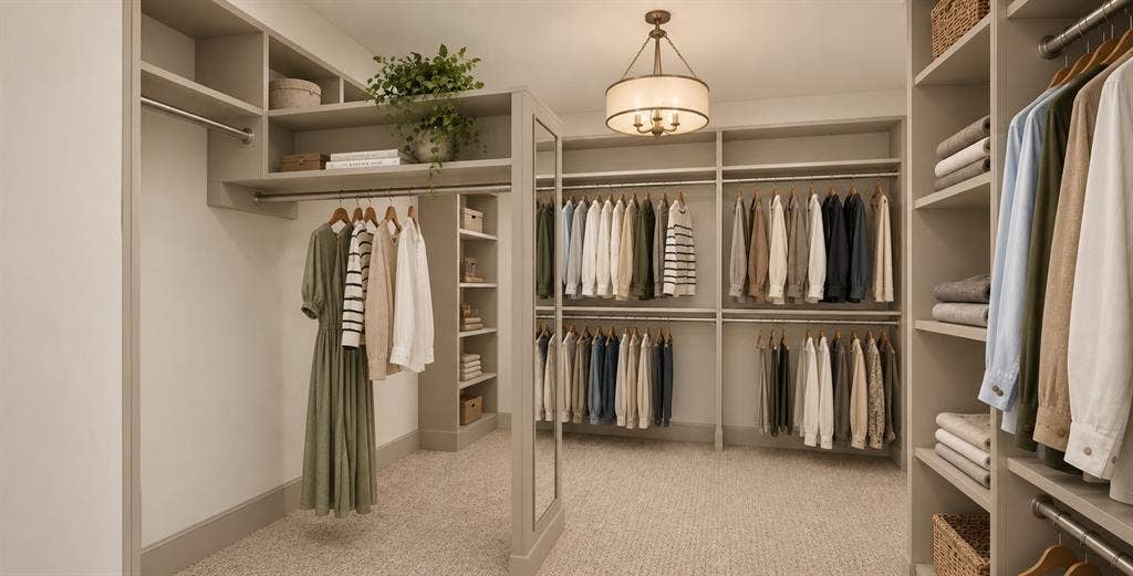 409 Saratoga Drive, Denton, TX 76210 The impressive 14’ x 10’ custom primary closet with built-in cabinetry, shelving, multiple hanging rods, and a full-length mirror connects directly to the beautifully appointed laundry room.Rendering Disclaimer: Images are artist renderings intended to illustrate the anticipated finished home. Final finishes, materials, colors, fixtures, landscaping, and other details are subject to change.