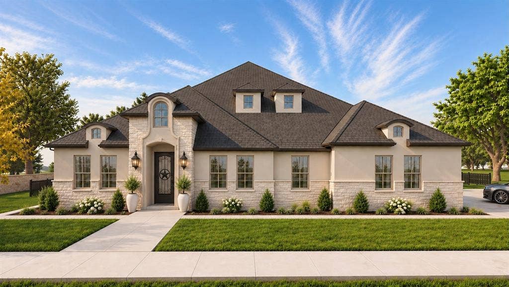 409 Saratoga Drive, Denton, TX 76210 Stucco and stone exterior with a dark shingle roof, arched entry, and decorative dormer windows. Around the right side of the home, an electric driveway gate leads to the extra-deep 3-car garages with insulated doors, workshop space, and dedicated mechanical room. Rendering Disclaimer: Images are artist renderings intended to illustrate the anticipated finished home. Final finishes, materials, colors, fixtures, landscaping, and other details are subject to change.