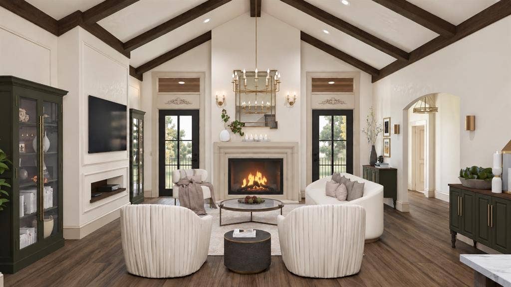 409 Saratoga Drive, Denton, TX 76210 The great room makes a dramatic impression with an 18’ cathedral ceiling, wood beams, floor-to-ceiling gas fireplace, and glass doors opening to the 20’x11.5’ covered patio.Rendering Disclaimer: Images are artist renderings intended to illustrate the anticipated finished home. Final finishes, materials, colors, fixtures, landscaping, and other details are subject to change.