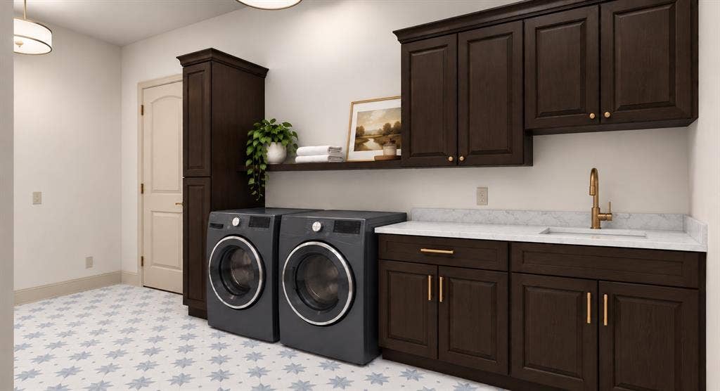 409 Saratoga Drive, Denton, TX 76210 Custom dark-stained cabinetry, creamy quartz counters, a utility sink, and champagne-bronze fixtures elevate this spacious laundry room. Art deco-inspired lighting and statement porcelain floor tile complete the beautifully curated design. With direct access to the primary suite and main garage for added convenience. Rendering Disclaimer: Images are artist renderings intended to illustrate the anticipated finished home. Final finishes, materials, colors, fixtures, landscaping, and other details are subject to change.