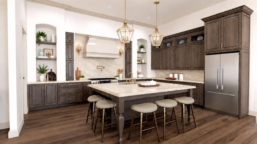 409 Saratoga Drive, Denton, TX 76210 The exquisite kitchen featuring solid-wood cabinetry, bespoke champagne-bronze hardware, creamy quartz counters, and a butlers pantry with wine fridge. A 48” KitchenAid range, pot filler, and enormous island with apron sink & wraparound seating complete this exceptional culinary space.Rendering Disclaimer: Images are artist renderings intended to illustrate the anticipated finished home. Final finishes, materials, colors, fixtures, landscaping, and other details are subject to change.