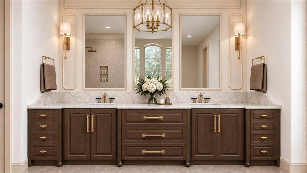 409 Saratoga Drive, Denton, TX 76210 The private primary suite is a luxurious retreat, featuring a spa-inspired bath with freestanding soaking tub, oversized walk-in shower, 10’ artisanal wood dual vanity, quartz counters, and 48” x 48” porcelain tile.Rendering Disclaimer: Images are artist renderings intended to illustrate the anticipated finished home. Final finishes, materials, colors, fixtures, landscaping, and other details are subject to change.