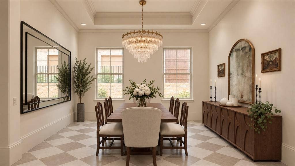 409 Saratoga Drive, Denton, TX 76210 Just off the heart of the home, the formal dining room offers a more intimate setting with checkered porcelain tile, high tray ceiling, and statement chandelier.Rendering Disclaimer: Images are artist renderings intended to illustrate the anticipated finished home. Final finishes, materials, colors, fixtures, landscaping, and other details are subject to change.