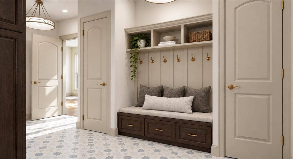 409 Saratoga Drive, Denton, TX 76210 Within the expansive laundry room, a custom mudroom offers tailored bench seating, built-in storage, cubbies, and elegant champagne-bronze hooks. Two oversized utility cabinets flank the built-in, with direct access to the main garage creating a beautifully functional everyday drop zone.Rendering Disclaimer: Images are artist renderings intended to illustrate the anticipated finished home. Final finishes, materials, colors, fixtures, landscaping, and other details are subject to change.