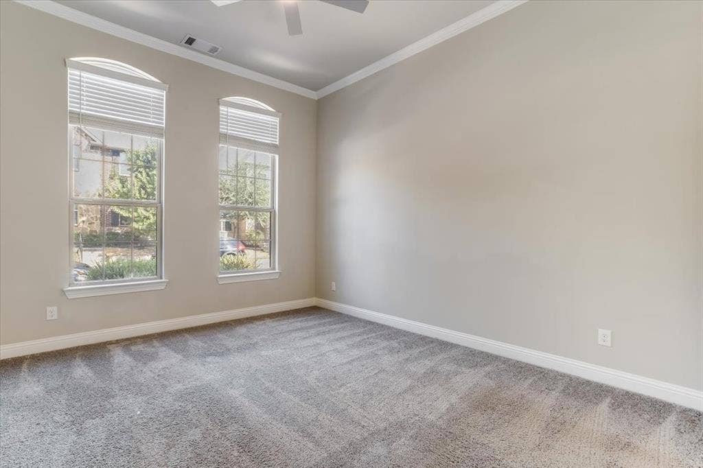 Dual arched windows with blinds, crown molding, ceiling fan, and grey carpet flooring