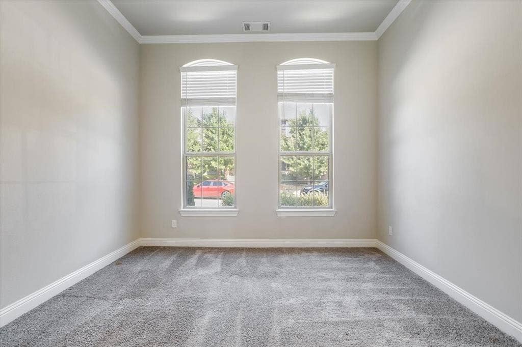 Neutral wall finishes, crown molding, arched windows, and grey carpeting