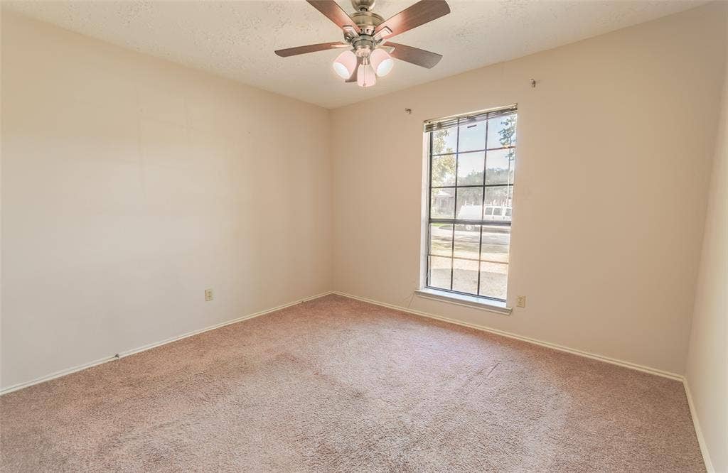1328 Colmar Drive, Plano, TX 75023 Window with grid muntins, ceiling fan with light fixture, and wall-to-wall carpeting