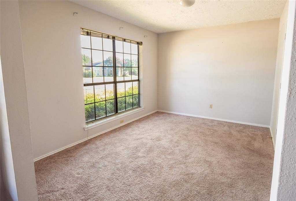 1328 Colmar Drive, Plano, TX 75023 Bright corner bedroom with expansive windows featuring a grid-pattern frame design, neutral wall finishes, and neutral-toned carpet flooring throughout
